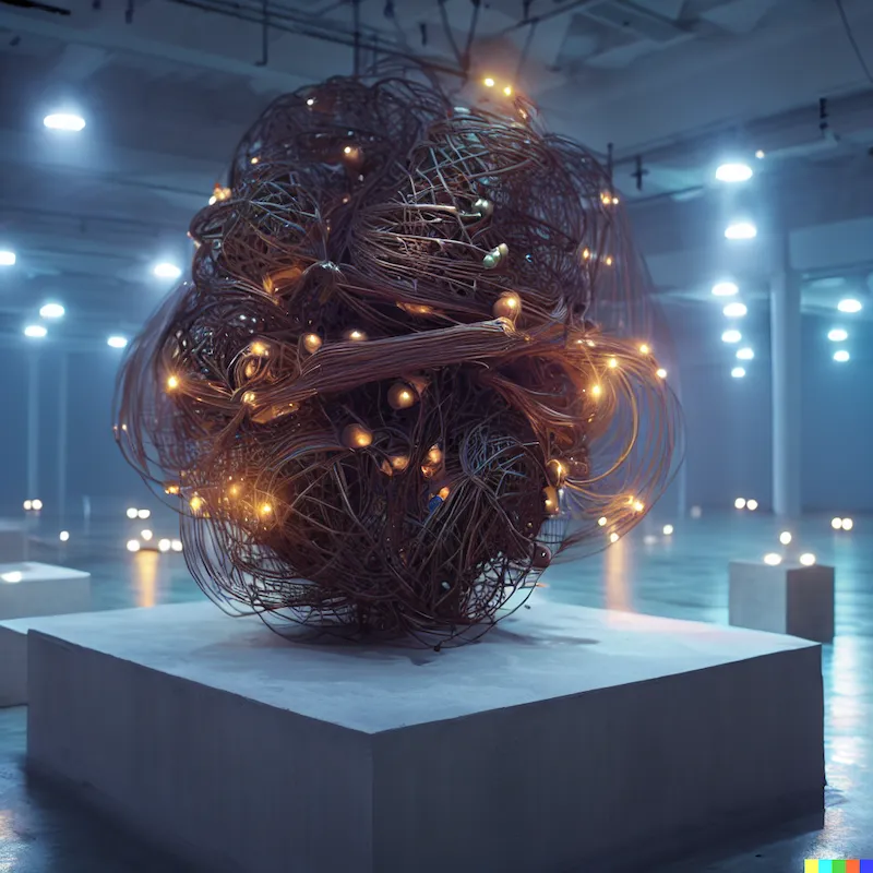A large sculpture of an algorithm with human conditionals, woven copper wire, porcelain, concrete plinth,  abstract, blinking lights, cinematic, depth