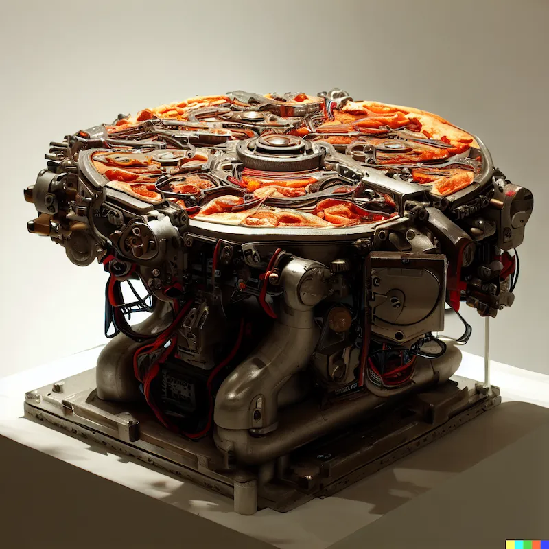 A mechatronic sculpture algorithmic pizza, industrial, aerospace, space hardware, cinematic, plinth.
