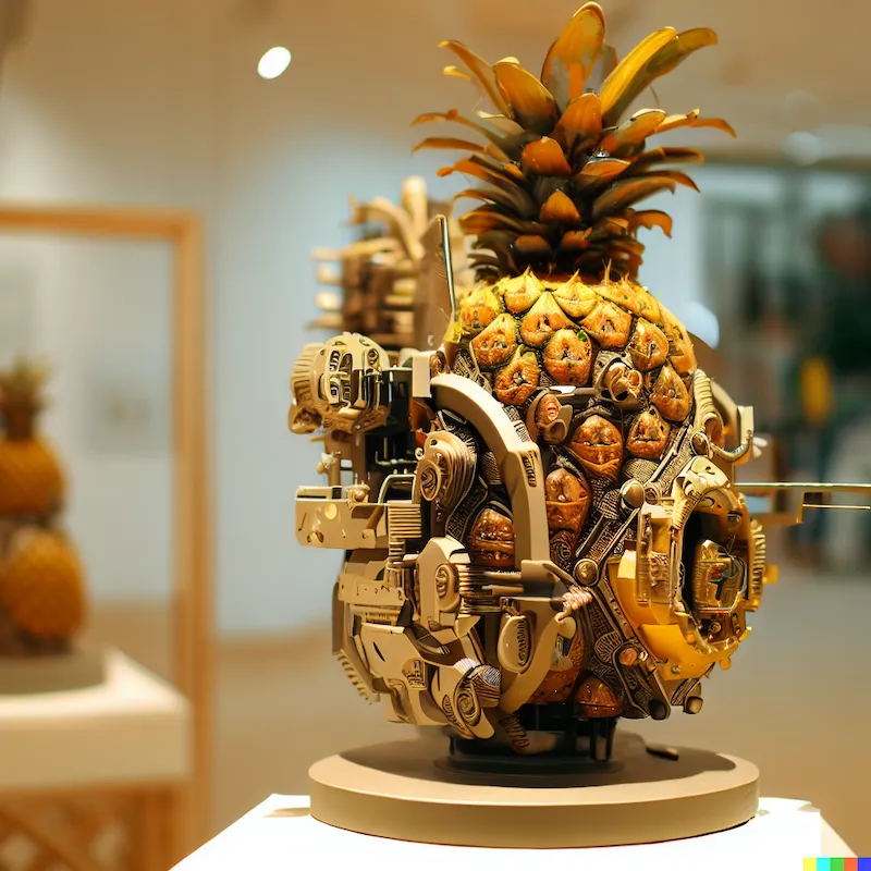 A large mechatronic sculpture of algorithmic ban on pineapple input, plinth, minimalist, terrarium, golden circle factory outlet, depth-of-field,