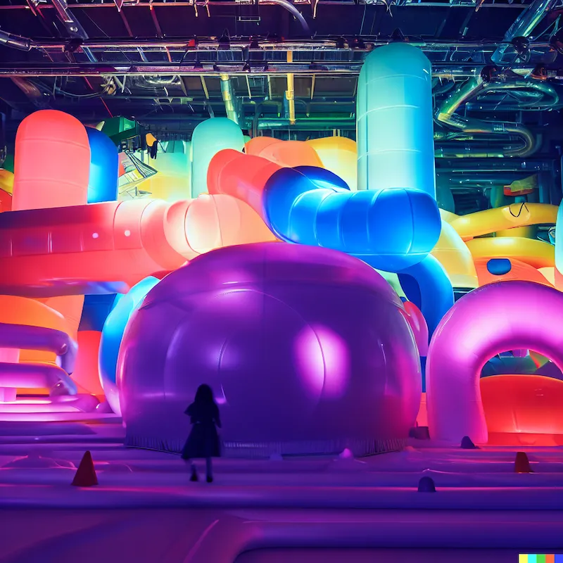 An enormous inflatable playground built by an algorithm to sense human fun, richmond, california, cyberpunk, studio ghibli, colourful, lights, cinemat