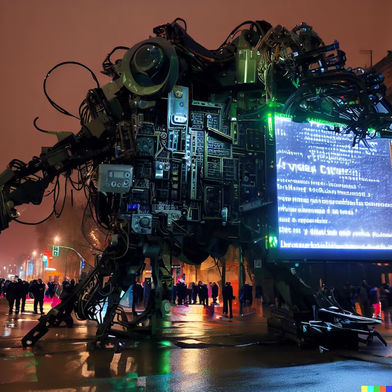 A large mechatronic sculpture of software that can scramble human behaviour, street art, police, social control, surveliance, cinematic, sci-fi