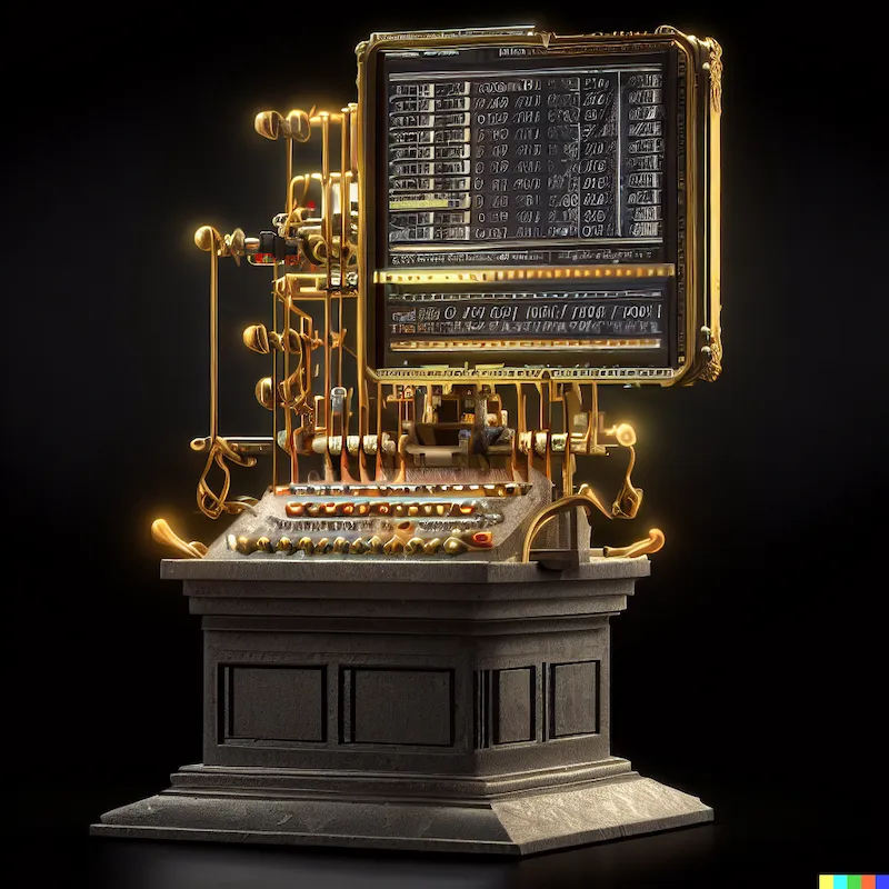 A mechatronic sculpture of high frequency trading software, plinth, stock exchange, 1890s, chalk, blackboard, tickertape machine, stock ticker, gold,