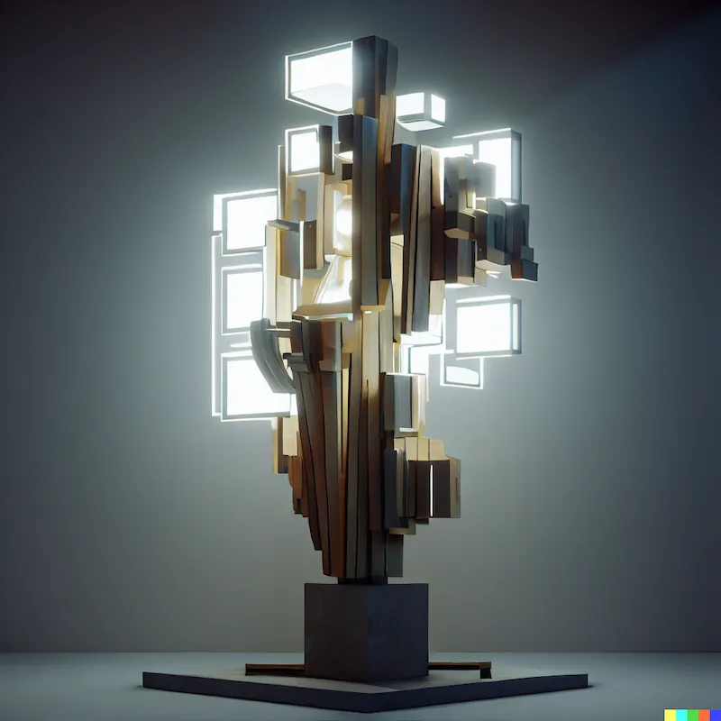 A sculpture that has been algorithmically burdened with forbidden influences, plinth, wood joinery, mirrors, shoji, led lights, minimalist, brutalist