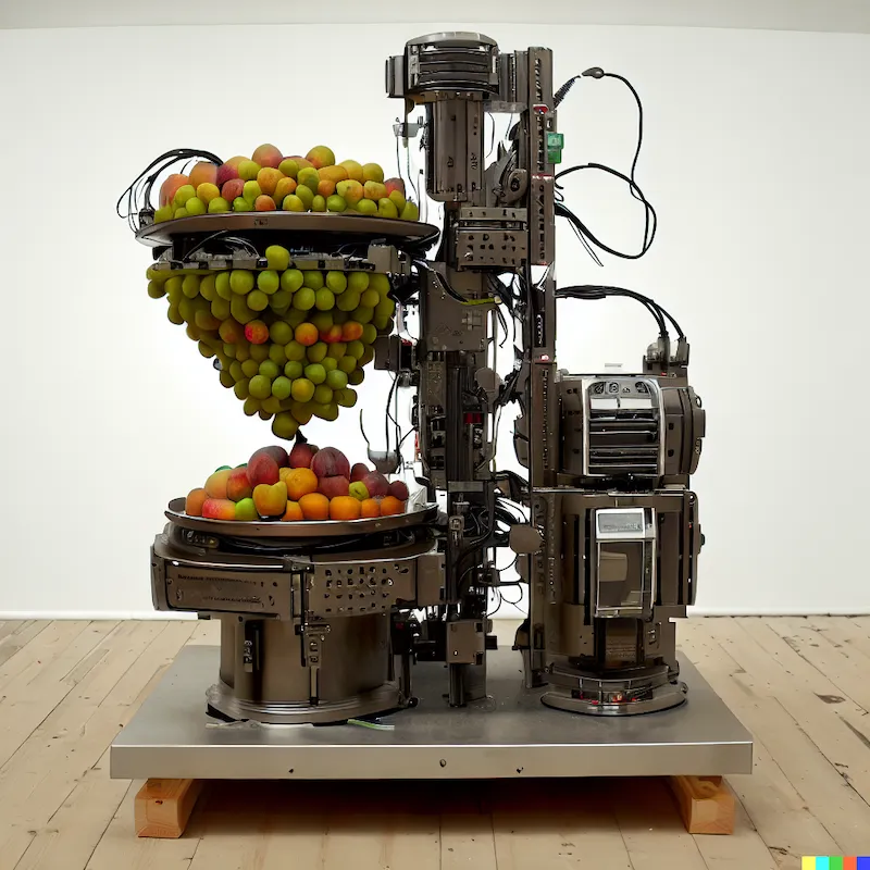 A mechatronic sculpture that processes fruits, plinth.