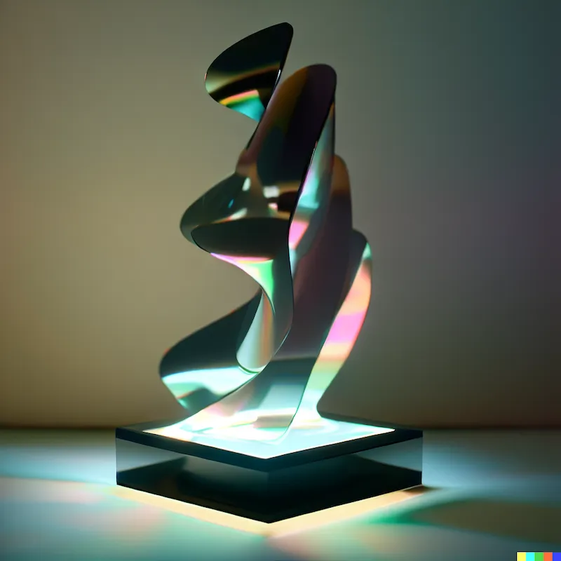 An sculpture that generates serials, hologram stickers, plinth, minimalist, cinematic.