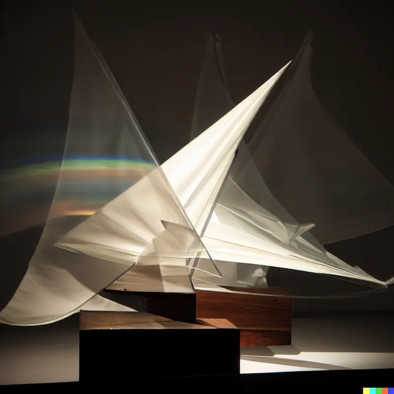 A sculpture that sorts work as either art or not art, plinth, wood, white fabric sails, optics, lenses, caustics, refraction, light.