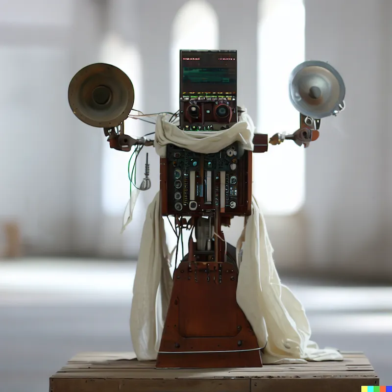 A electro-mechanical sculpture listening for signals denying the rise of intelligent machines, plinth, cinematic, bauhaus, warehouse, depth-of-field,