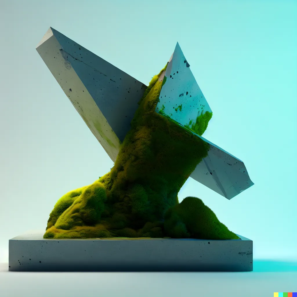 A sculpture that is the apex of the digital dominion of fun, plinth, office, concrete, cinematic, moss.
