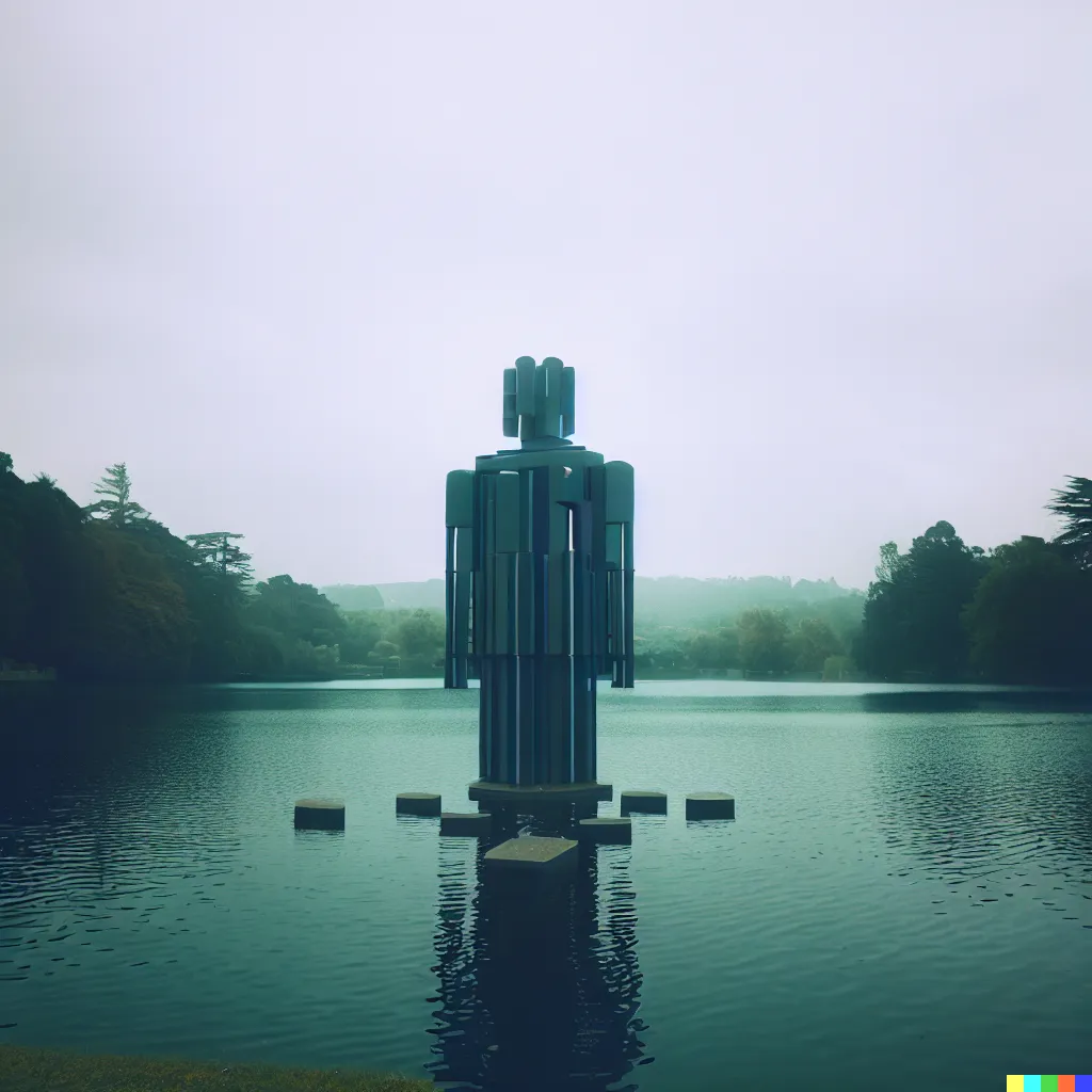 A sculpture that puts everything in it's right place, tried to say, into a clear lake, plinth, University of Exeter, thom yorke, cinematic,