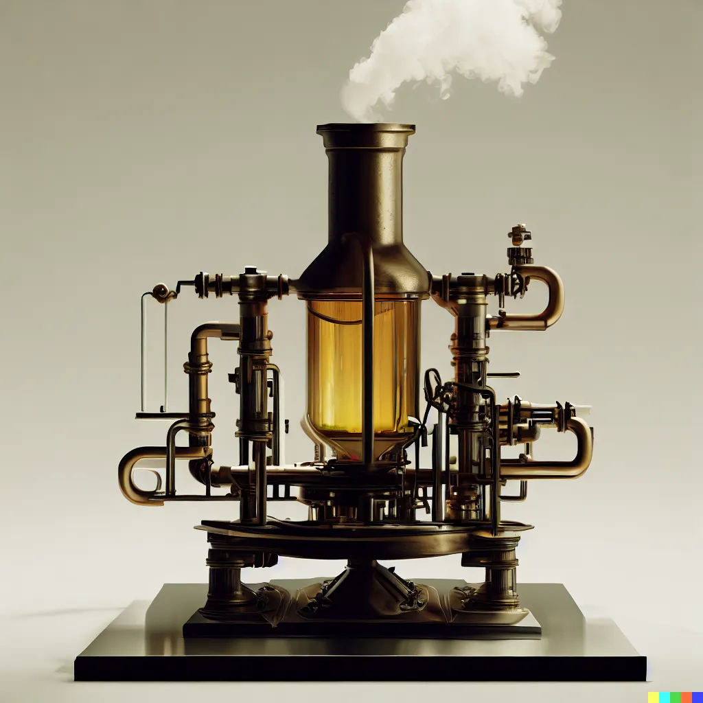 A steam powered sculpture that uses click-bait and controversy to attract patrons, minimalist, neo-futurism, oil, plinth, victorian engineering, cinem
