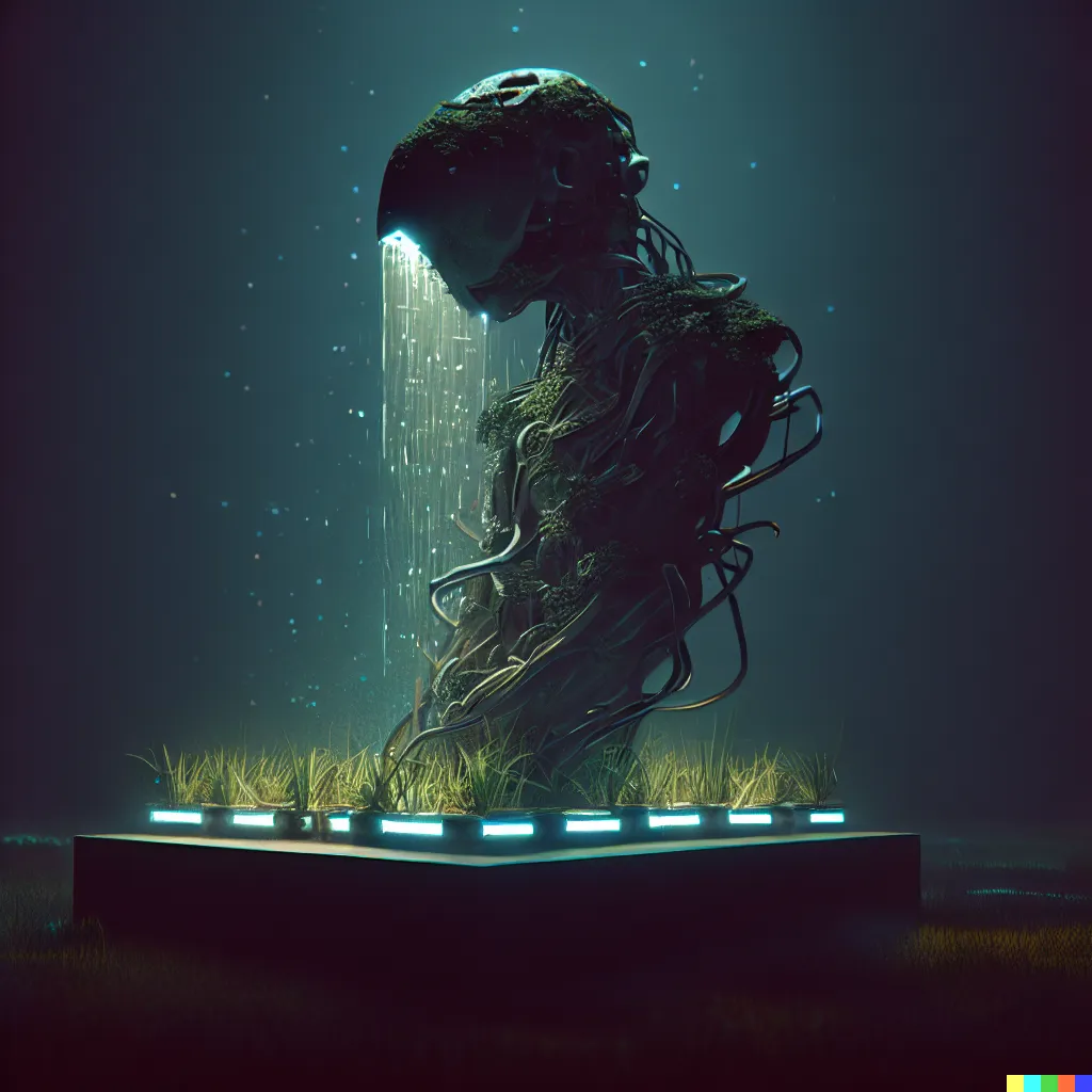A sculpture that waters algorithm development, scifi, abstract, gesserit, plinth, vegetation, grow lights, cinematic