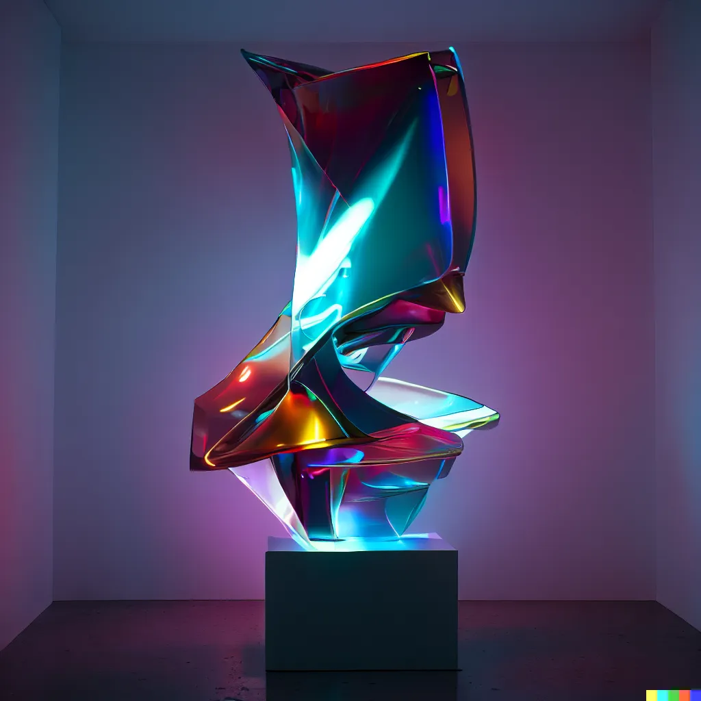 A sculpture that is a catalysist for inefficient algorithmic development, plinth, led lights, gallery, coloured glass, abstract, minimalist, cinematic
