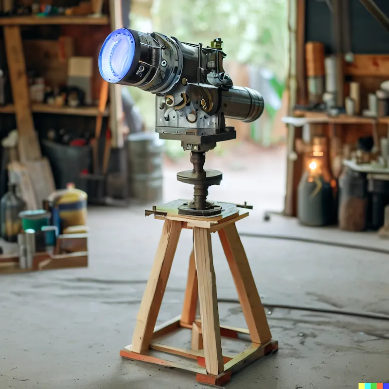 A homemade DIY sculpture that revolutionizes faster-than-light observation, plinth, backyard garage, workshop, depth-of-field