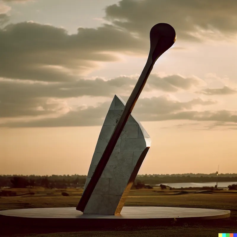 A sculpture that shapes history with a big club, long now foundation, stainless steel, granite, plinth, cinematic, golden hour, depth-of-field, long i