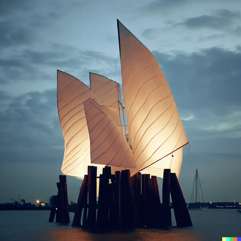 A large wind-powered sculpture that inhibits computer use, wood, white sails, plinth, cinematic, river thames, depth-of-field, twilight