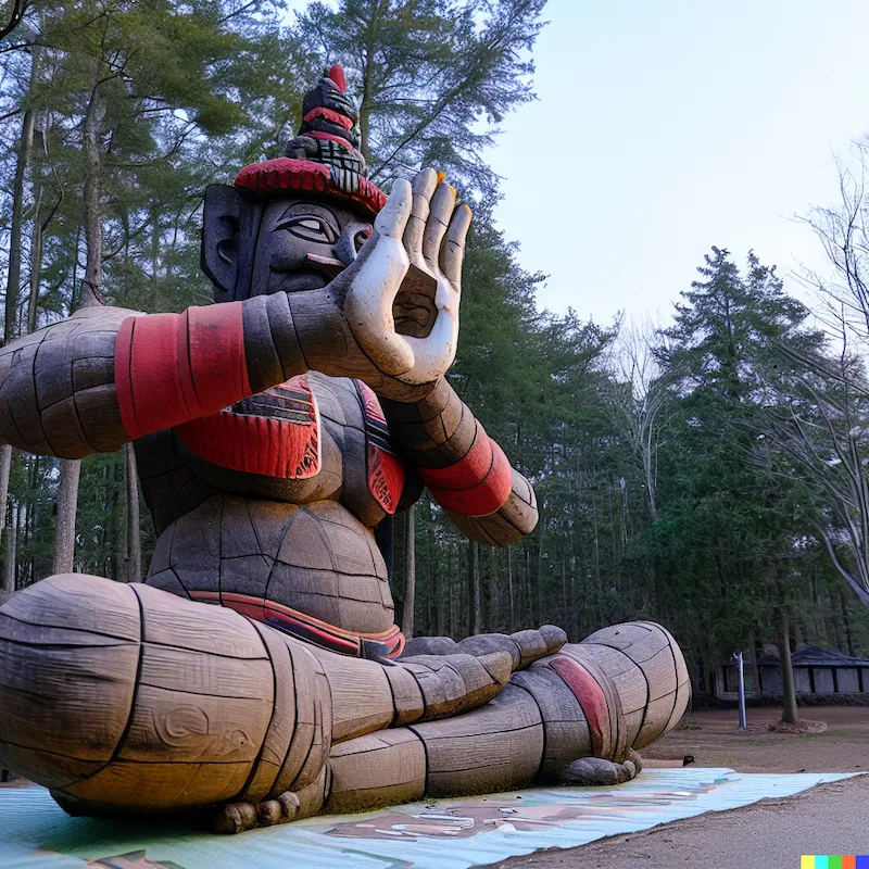 A large folk sculpture that prevents yoga practice with algorithms, cinematic, depth-of-field, single finger.