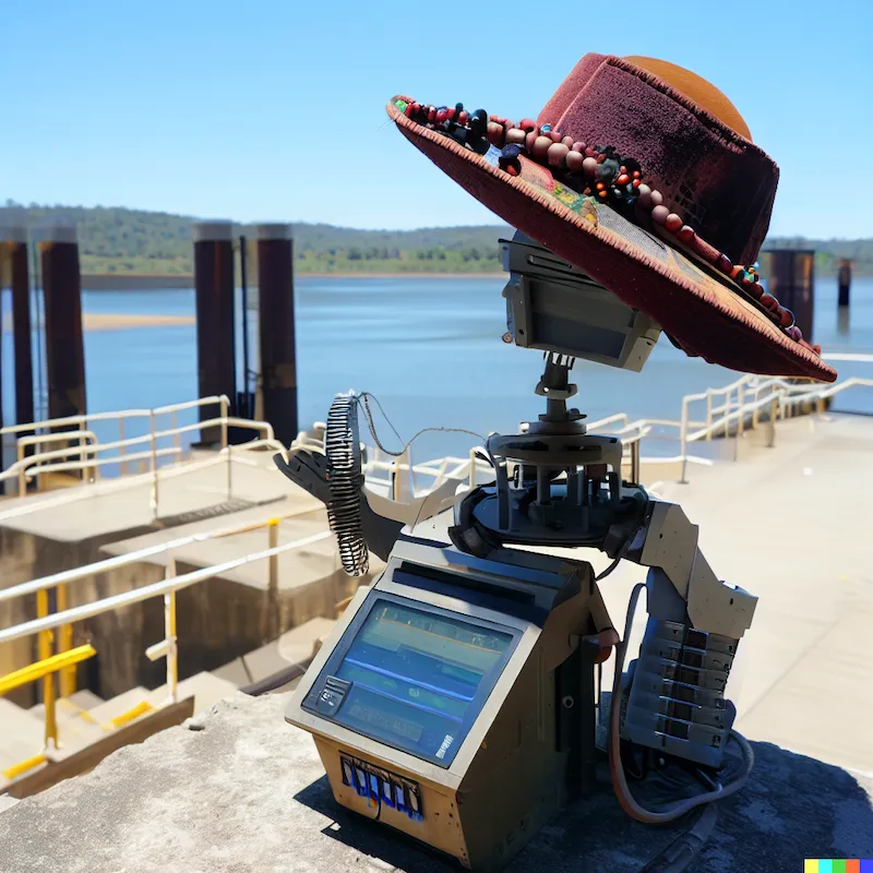 A mechanical sculpture that detects and measures ionizing radiation emitted by an akubra hat, plinth, Murray Hydroelectric Power Station, depth-of-fie