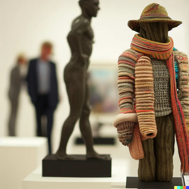 A sculpture that raids an art fair with knitting, plinth, cinematic, depth-of-field
