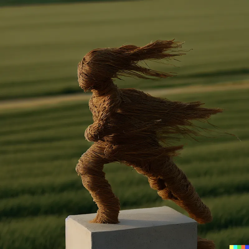 A wind-swept sculpture that enjoys the habbit of long walks and cozy nights at home, straw, plinth, grassy green field, cinematic