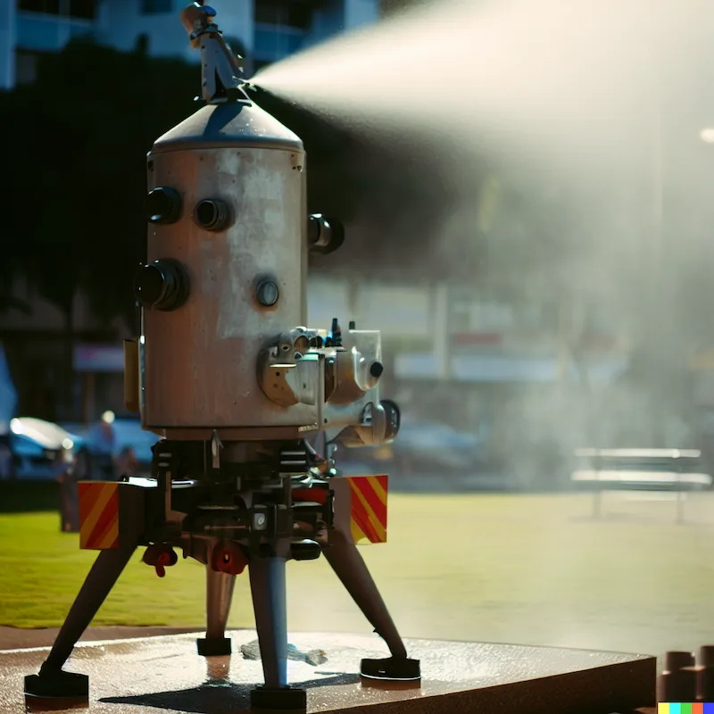 An outdoor sculpture that can respond first to an emergency, lunar lander, water spray, smoke, ipswich, plinth, cinematic, depth-of-field