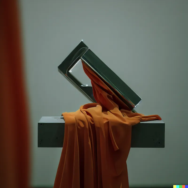 A sculpture that looks for peculiar trends instead of working, plinth, orange cloth, aluminium, Ipswich, space hardware, depth-of-field, cinematic.