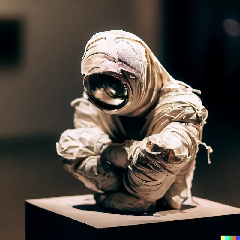 A sculpture without passion that is difficult to tie, plinth, space suit,  tyvek, NASA, life support hardware, Canberra, cinematic, depth-of-field