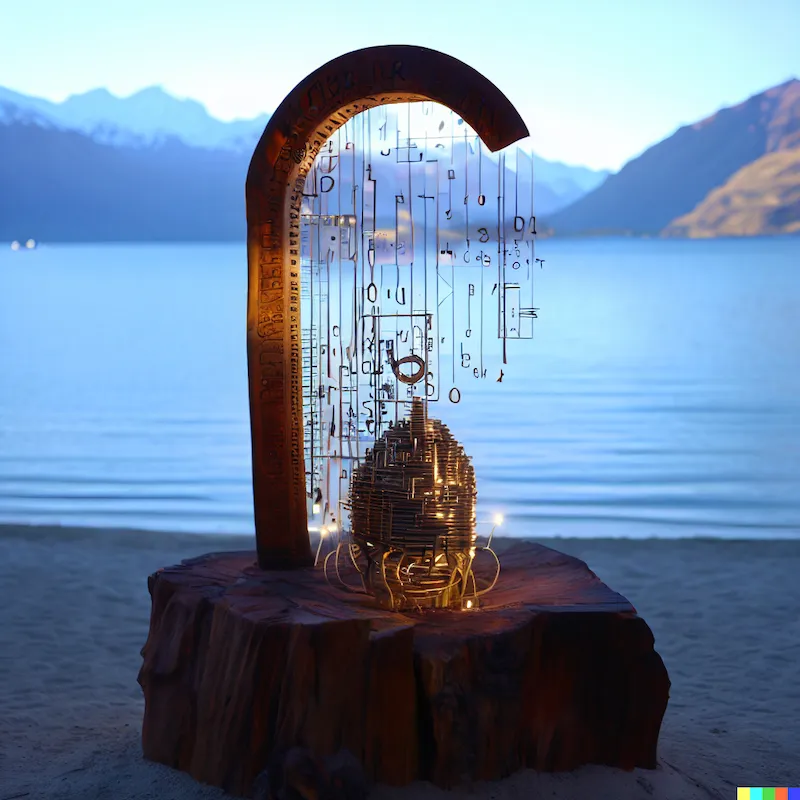 A sculpture that confuses trying with entropy, plinth, encryption, cypher, electro-mechanical, wood, steel, filament leds, wanaka, depth-of-field