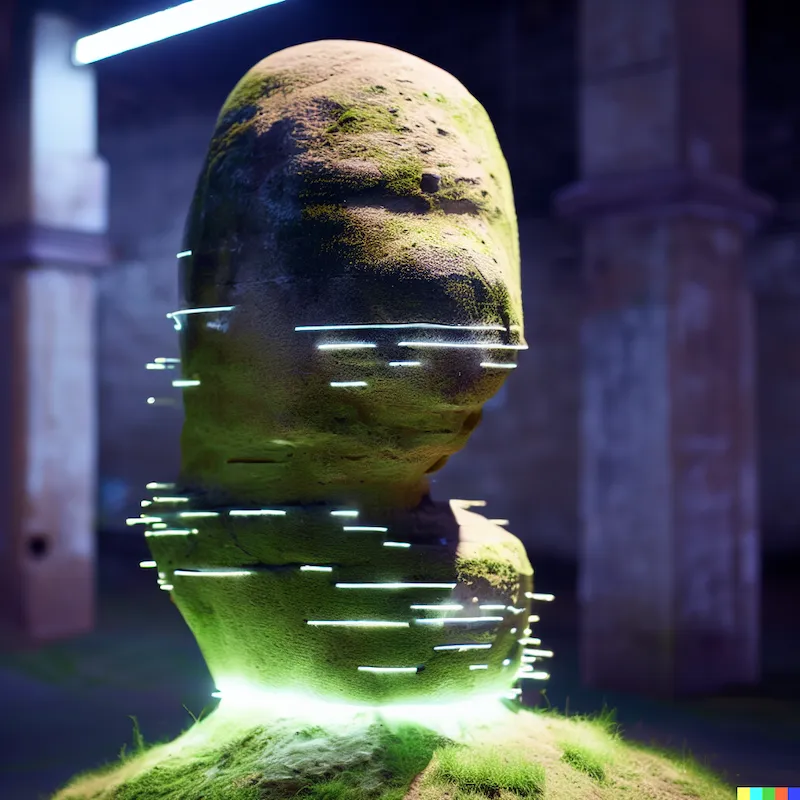 A sculpture that is connected to an ancient hivemind of programmers, plinth, cinematic, cockatoo island, depth-of-field, stone, moss, led lighting