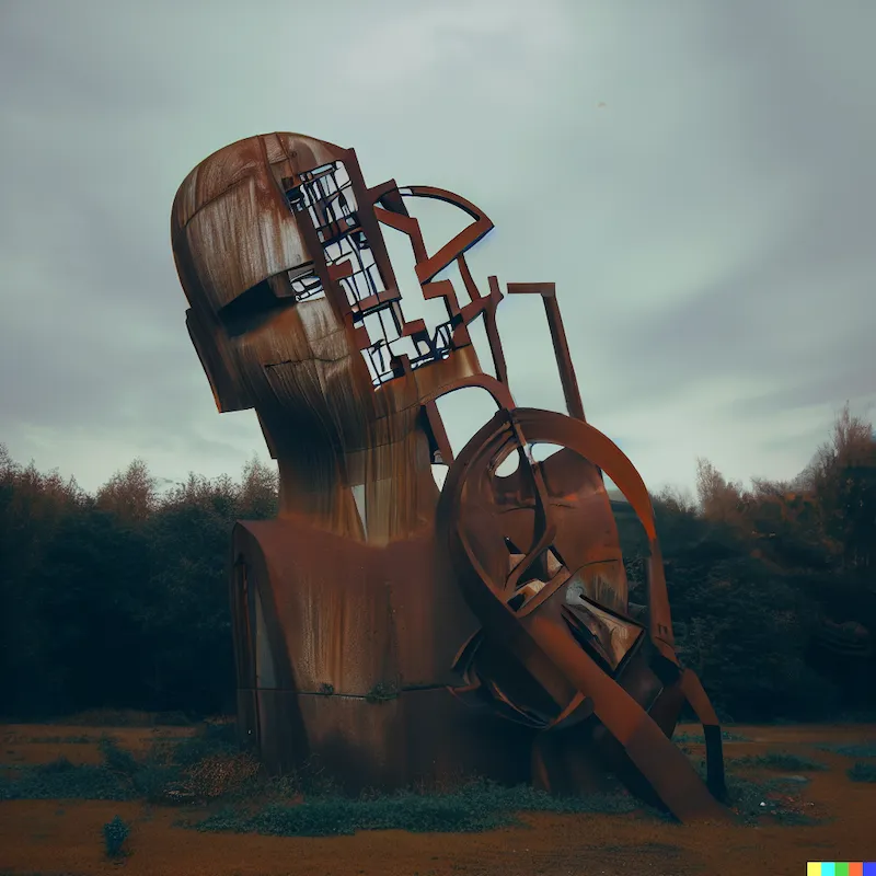 A industrial sculpture that is losing it, but can pick it up any time they want, abandoned civilisation