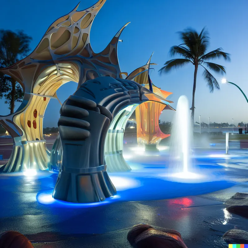 A sculptural water playground with automated safety systems, depth-of-field, Caloundra, spray, led lighting
