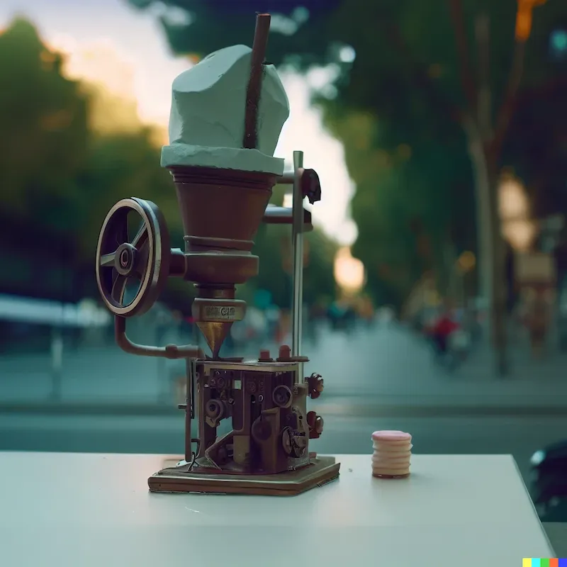 A mechatronic sculpture that repairs society with ice cream, plinth, moonee ponds, cinematic, depth-of-field