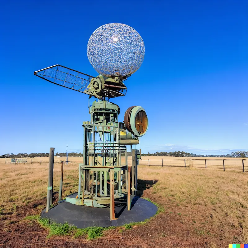 A sculpture at an rural australian air field that appears as though it is functioning aviation recording equipment, depth-of-field, long now foundatio
