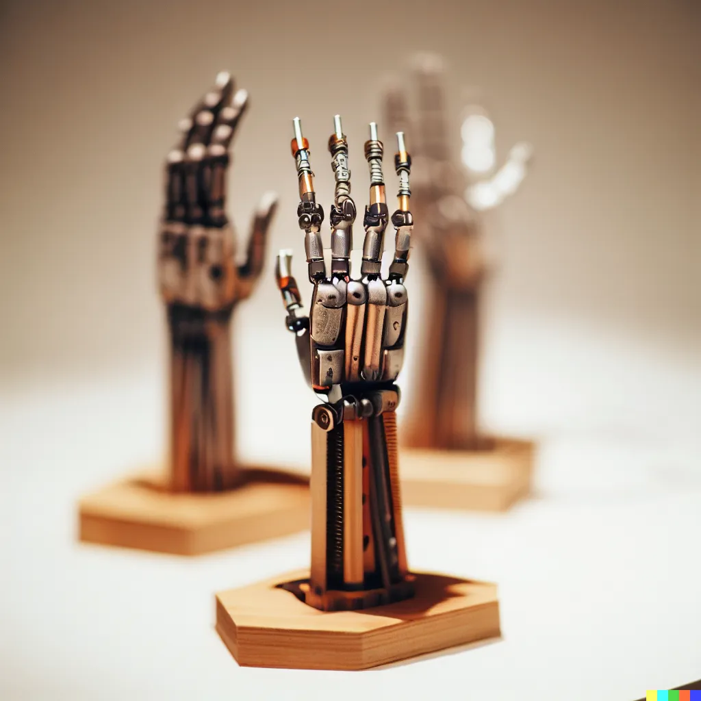 A mechatronic pencils sculpture that illustrates how difficult it is to draw hands, plinth, wood, white canvas, a cinematic, depth-of-field.