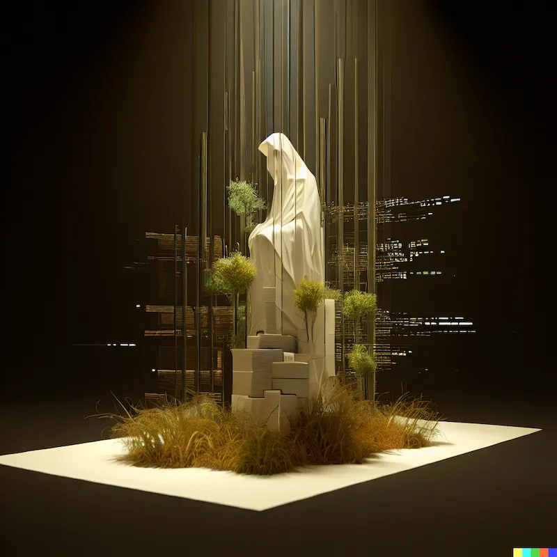 A sculpture that starts a spiritual conversation between lines of code, plinth, vegetation, computer boxes.