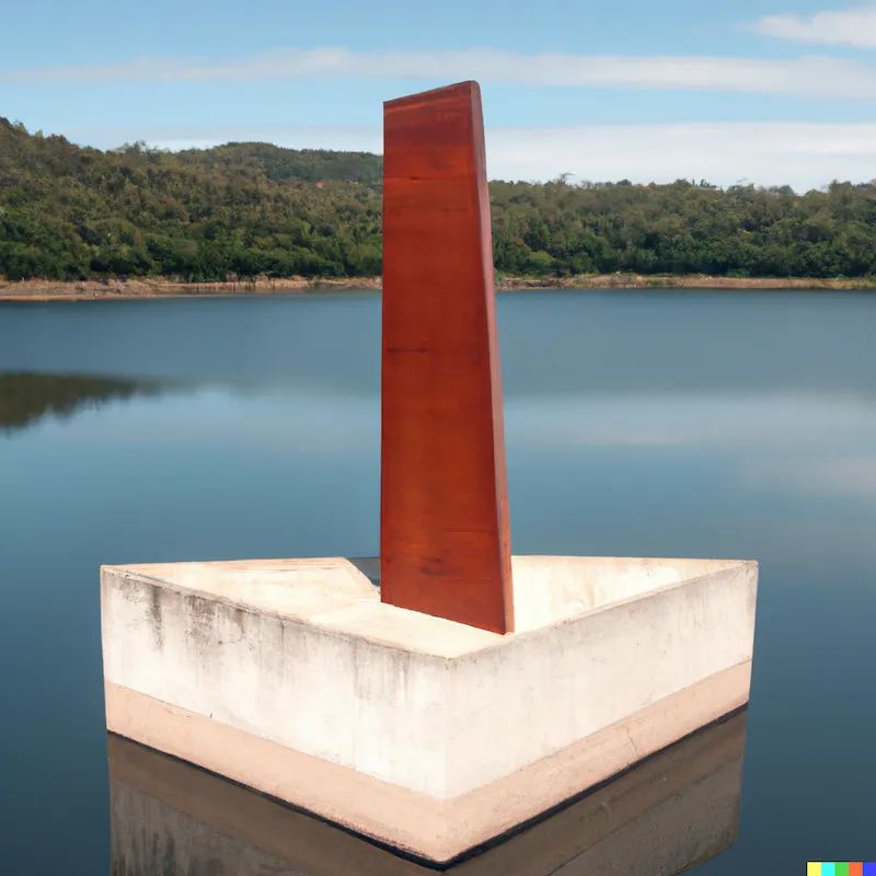 A industrial sculpture that takes without creating something new, plinth, concrete and corten steel, consumerism, pop art, hinze dam.