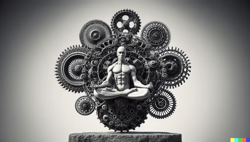 A sculpture depicting a human figure meditating, surrounded by mechanical elements, symbolizing the balance between personal desires and technological efficiency.