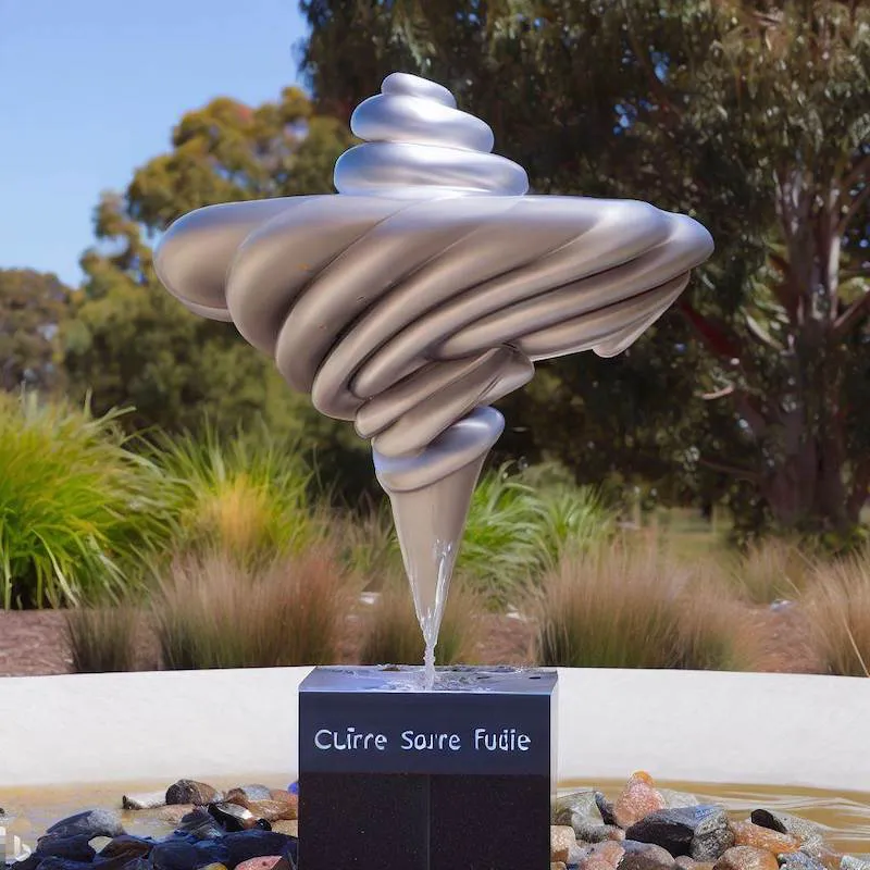 A water-feature sculpture that is a soft serve fountain of culture, bulla, colac Victoria, plinth, stainless steel, granite, electronics, depth-of-field.
