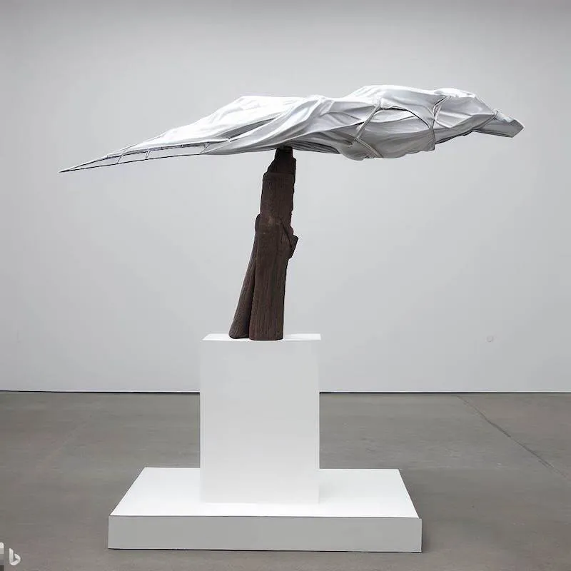 A sculpture that never forgets the Led Zeppelin 'thing', aluminium, lighter-than-air, wood, whtie cloth, plinth