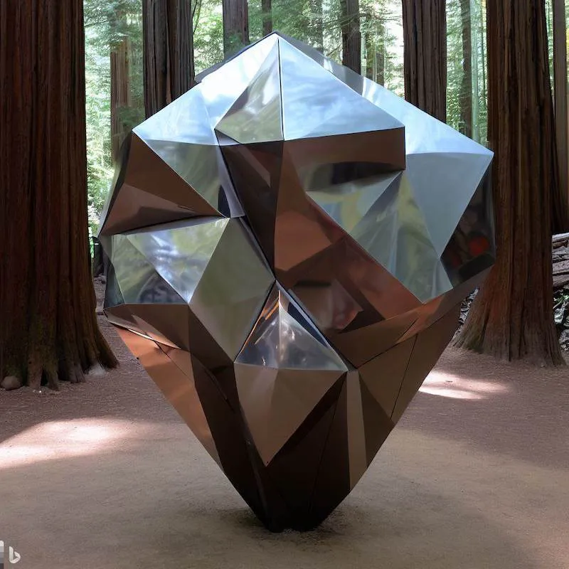 A facetted sculpture that is shaped by social constructs, stainless steel, big basin redwoods national park