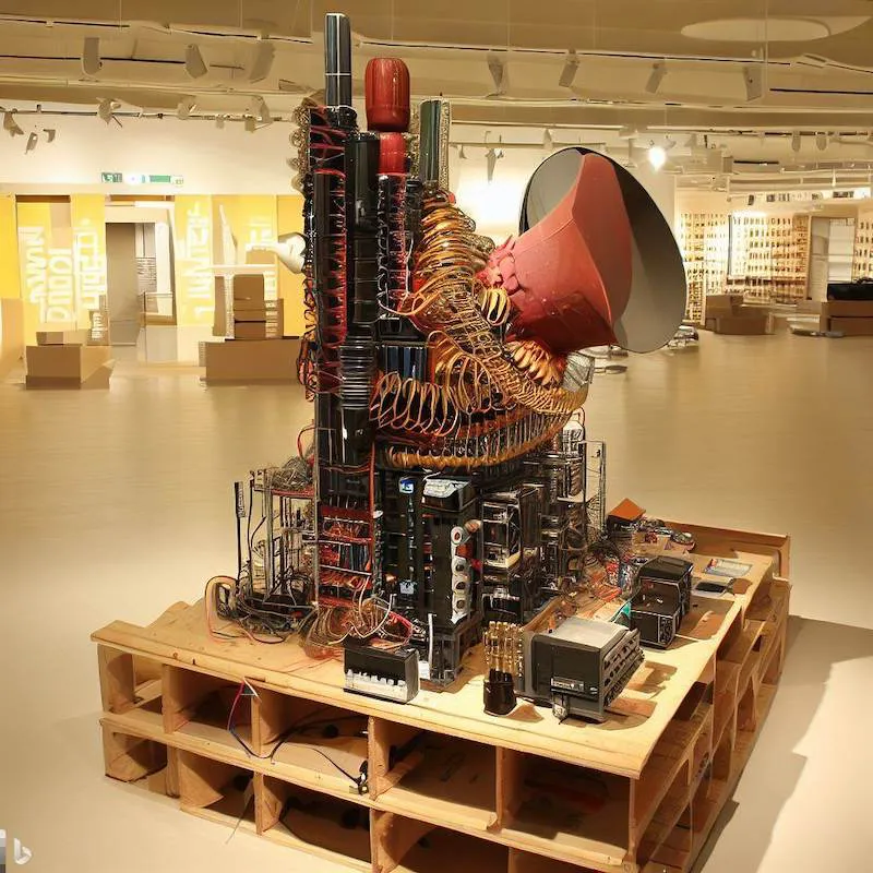 A sculpture that constructs and broadcasts shibboleth., plinth, resistors, speaker drivers, capacitors, flat-pack, ikea showroom.