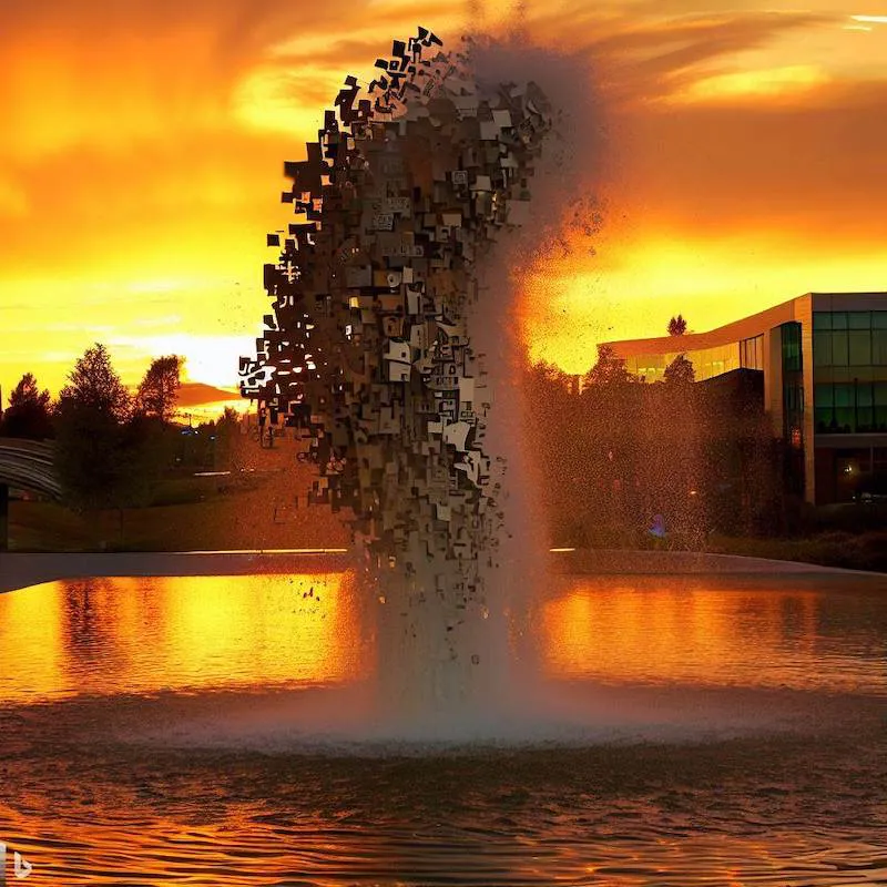 A water feature sculpture of random knowledge erupting from the flow of data, sunset, microsoft commons,