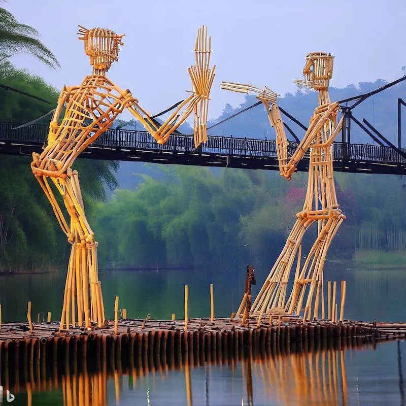 A bamboo sculpture that communicates the human revolution against the algorithms though hidden subtext, bridge over the river khwae