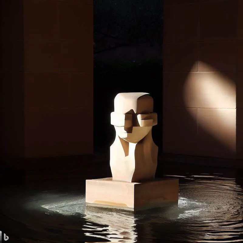 A water feature sculpture that can't perceive the difference between human intelligence and machine interlect, stanford university, plinth, light, shadow
