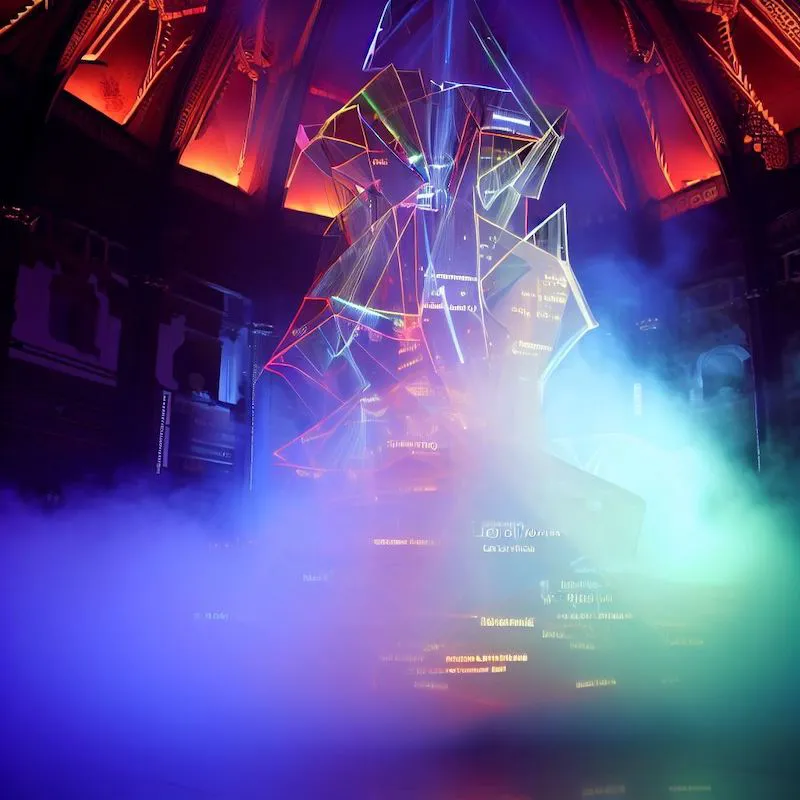 An algorithmic sculpture that's perception of human culture is shaped by a programming language, lasers, optics, prisms, mist, royal albert hall