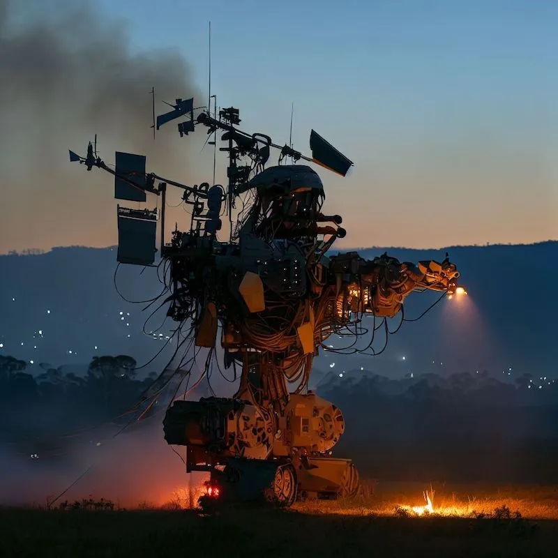 A mechatronic communication sculpture that is hosts scenario based wildfire training in Boonah, evening